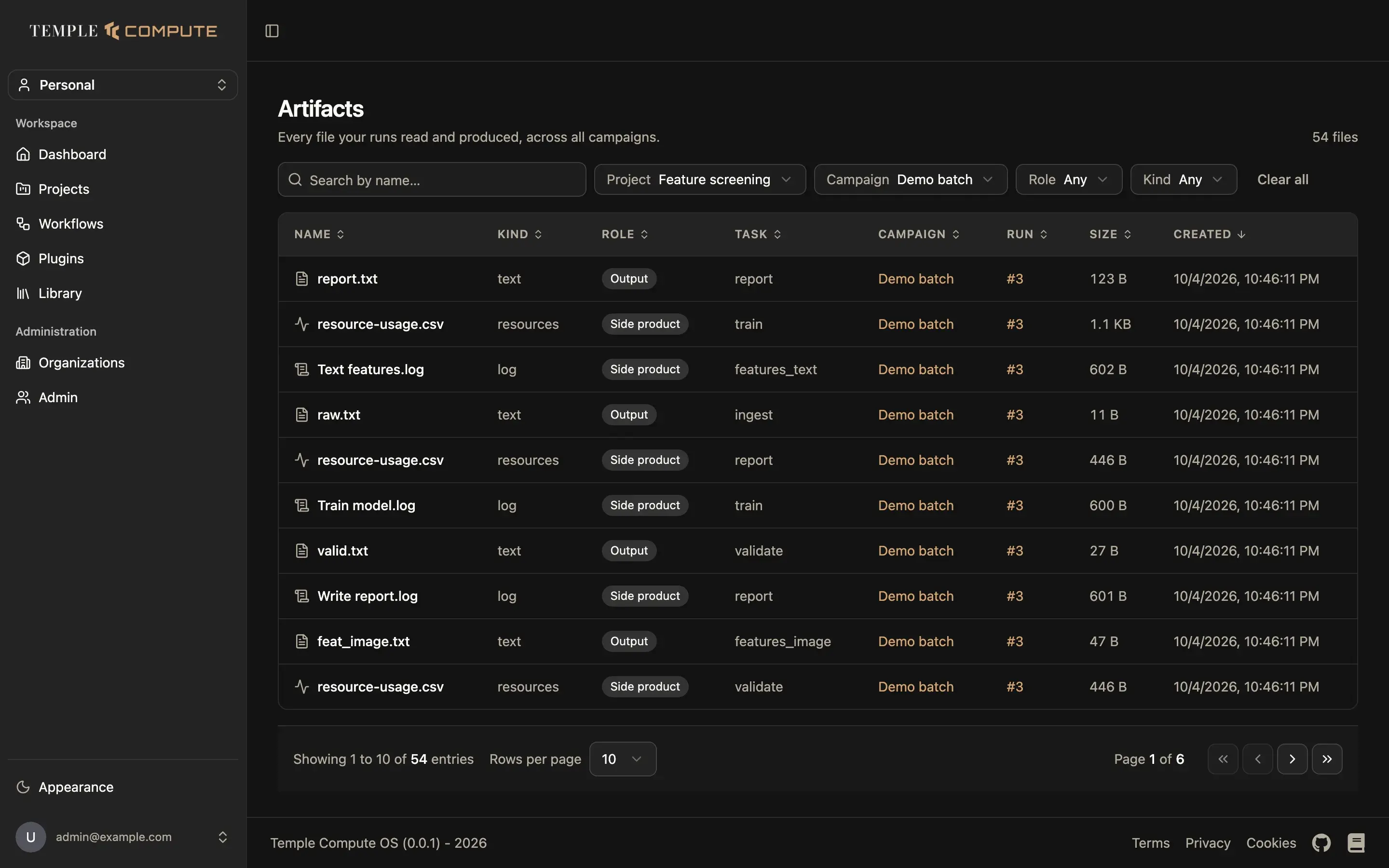The Artifacts page, filtered to one campaign