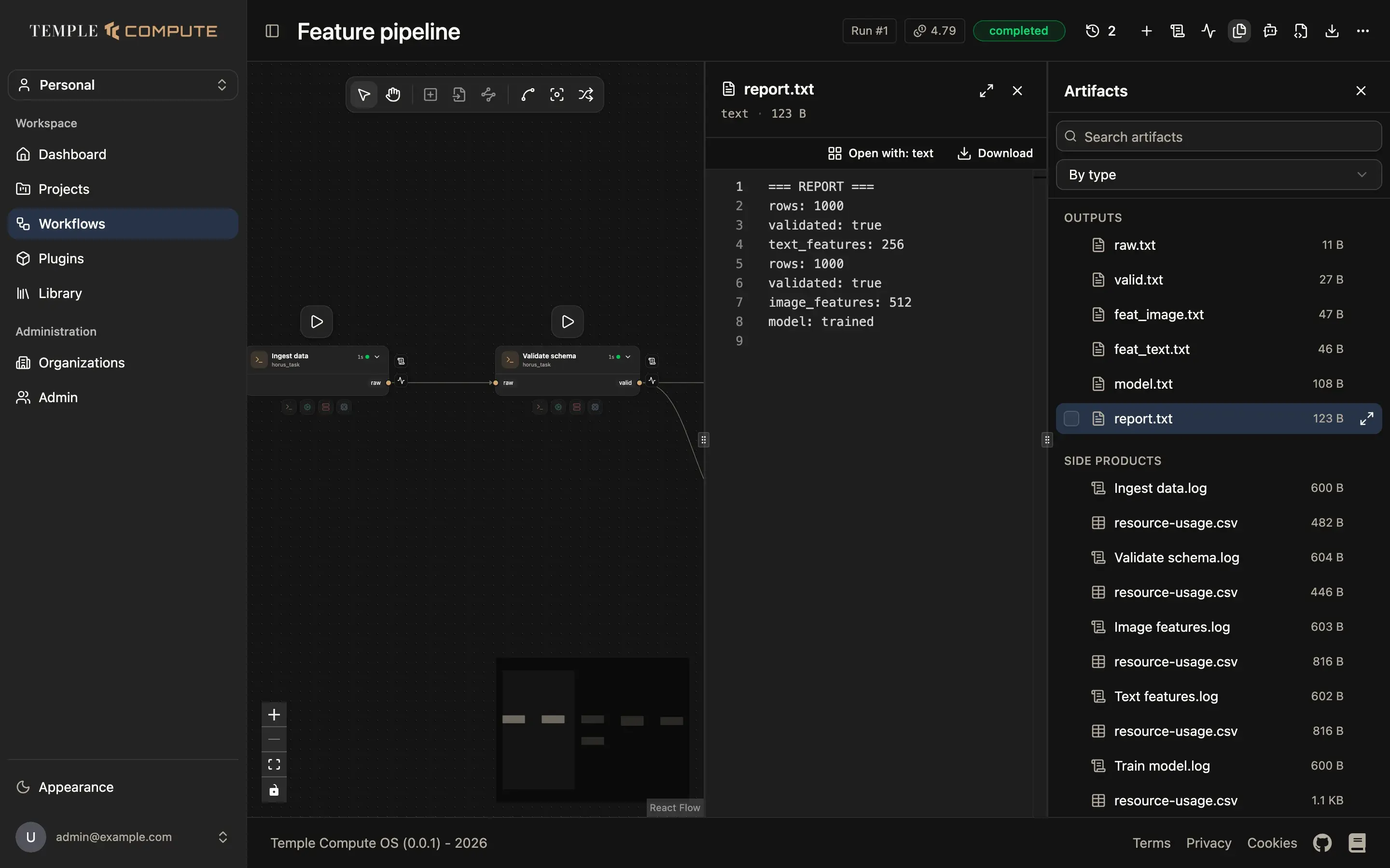 Previewing report.txt next to the artifacts panel