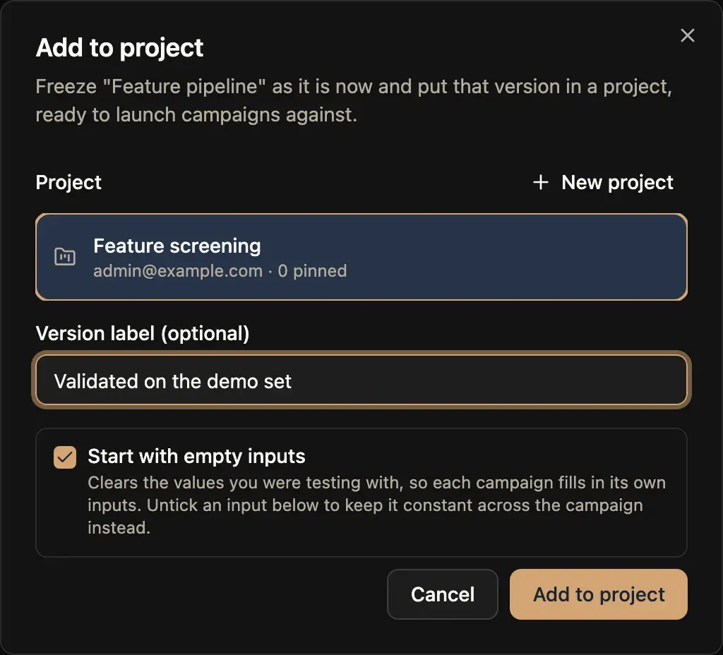 Pinning a workflow to a project