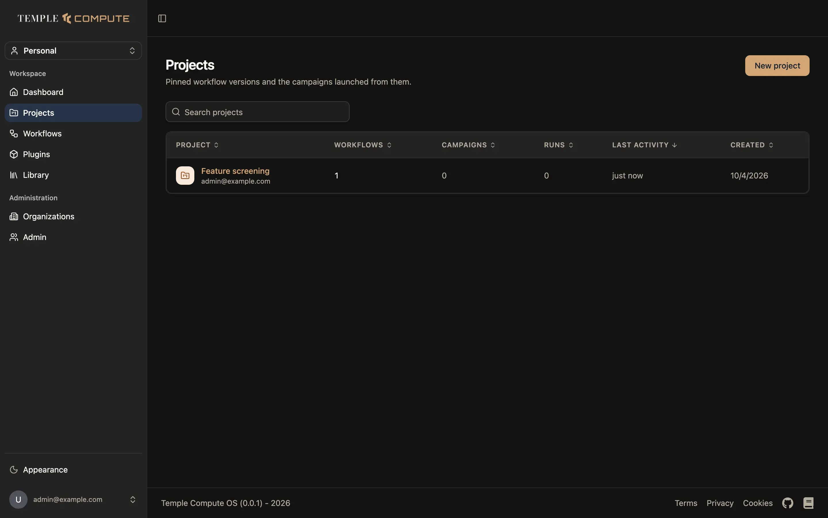The projects list