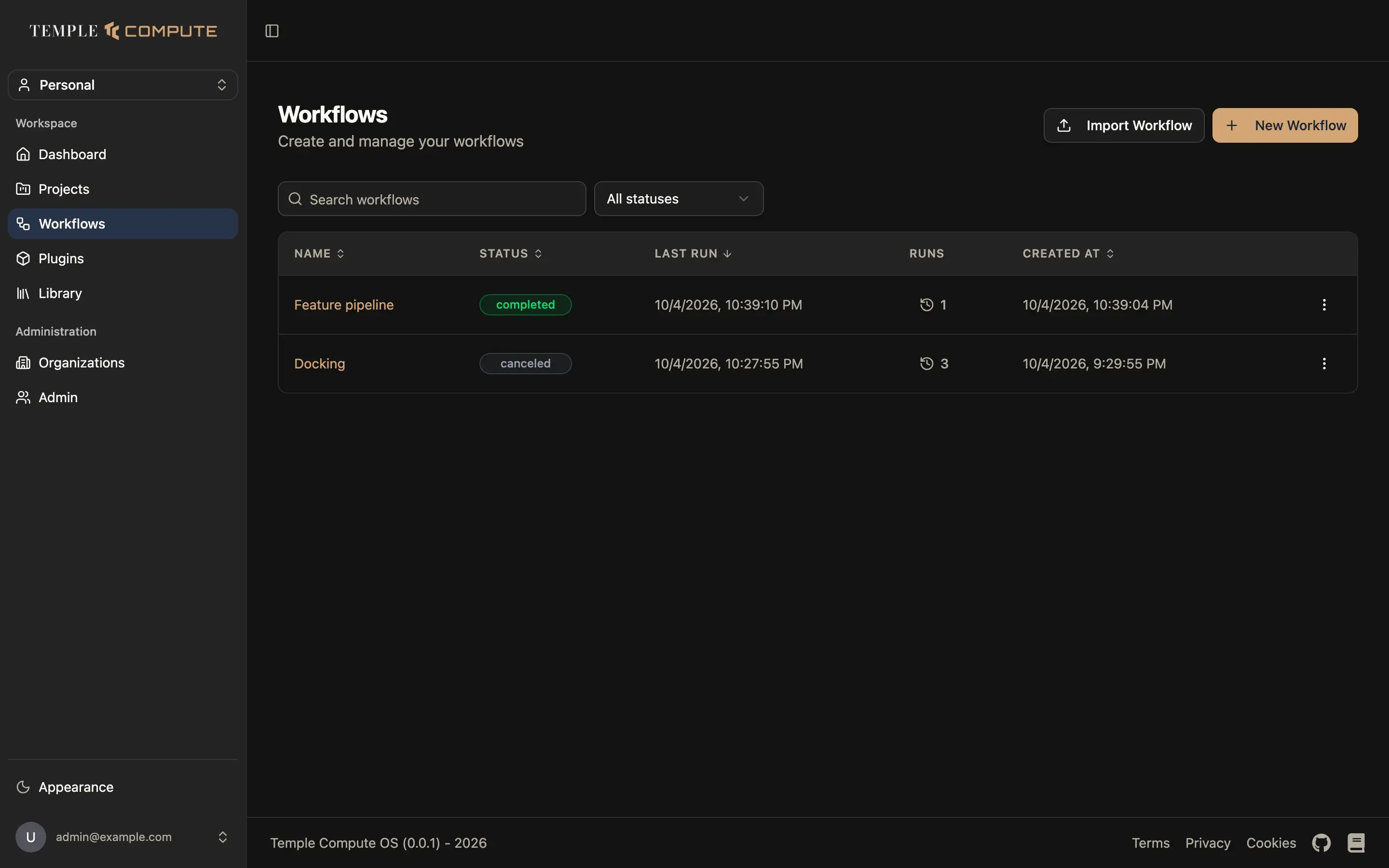The workflows list